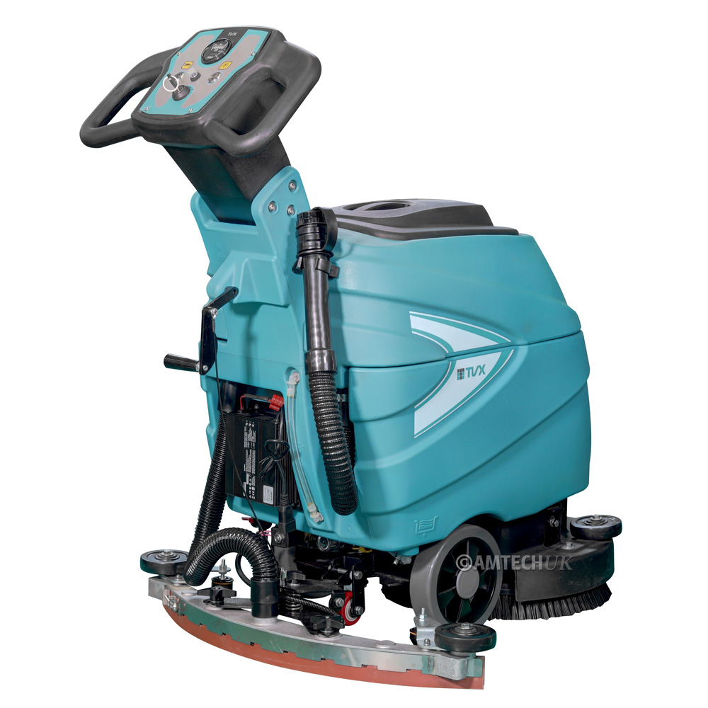 The TVX T35B walk-behind floor scrubber dryer rear right view.