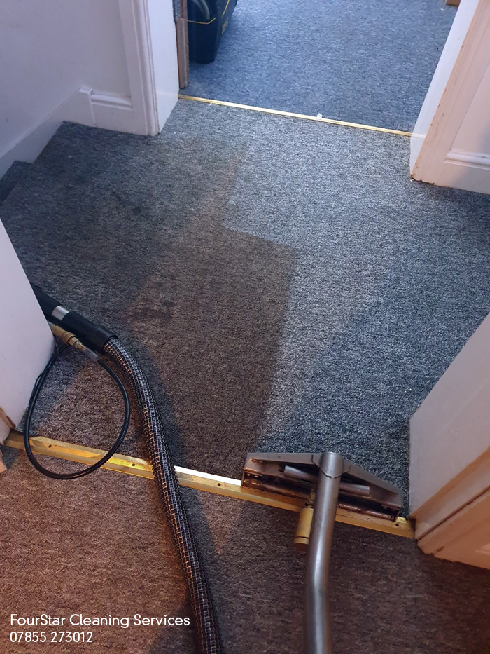 Cleaning dirty carpet with Premium cleaning solution.