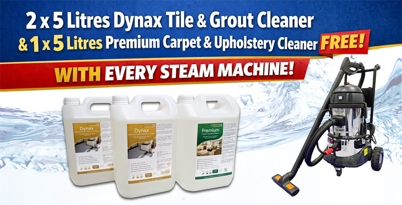 2 x 5 Litres Dynax Tile & Grout Cleaner and 1 x 5 Litres Premium Carpet & Upholstery Cleaner FREE with Every Steam Machine