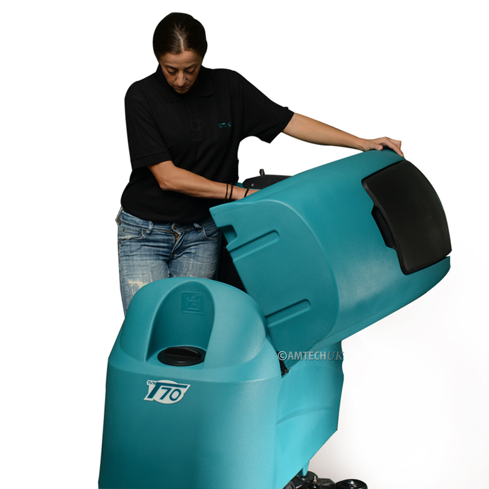 Woman opening the TVX T70BT walk-behind floor scrubber dryer machine.jpg